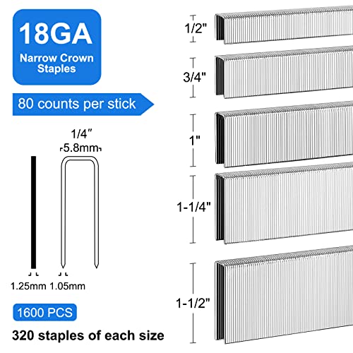 Image of 18 Gauge 1 /4 inch Narrow Crown Staples 1-1 /2 inch,1-1 /4 inch 1 inch, 3 /4 inch, 1 /2 inch | 304 Stainless Steel, Assorted 1600 pcs for 18 GA Pneumatic or Electric Stapler or Staple gun,Project Pack