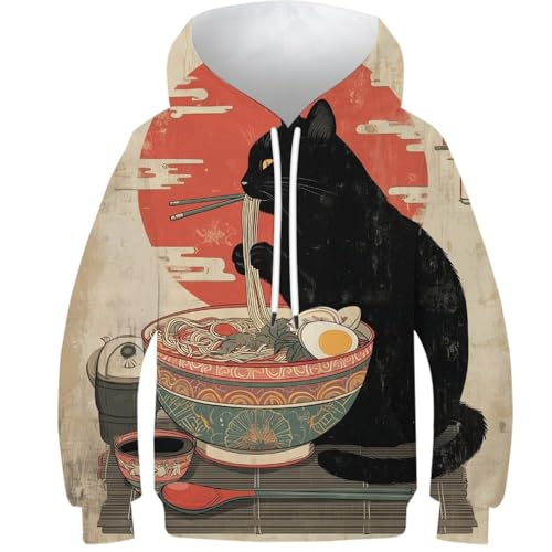 Sweat à Capuche Enfant Chat Japonais Ramen 3D : Cadeau d'Anniversaire Original 11-13 Ans