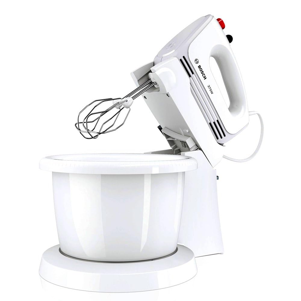 Bosch Hausgeräte MFQ2600W CleverMixx Handrührer, 375 Watt, Schüssel mit Geräteständer, 4 Stufen, weiß/rot