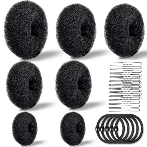 KIRZAX Donut Moño Kit, Accesorios de Peinado Kit, Incluye 7 Donuts para El Pelo, 20 Horquillas en Forma de U,5 Gomas de Pelo,para Mujeres Niñas, Bailarinas de Ballet para Hacer Moños(Negro)