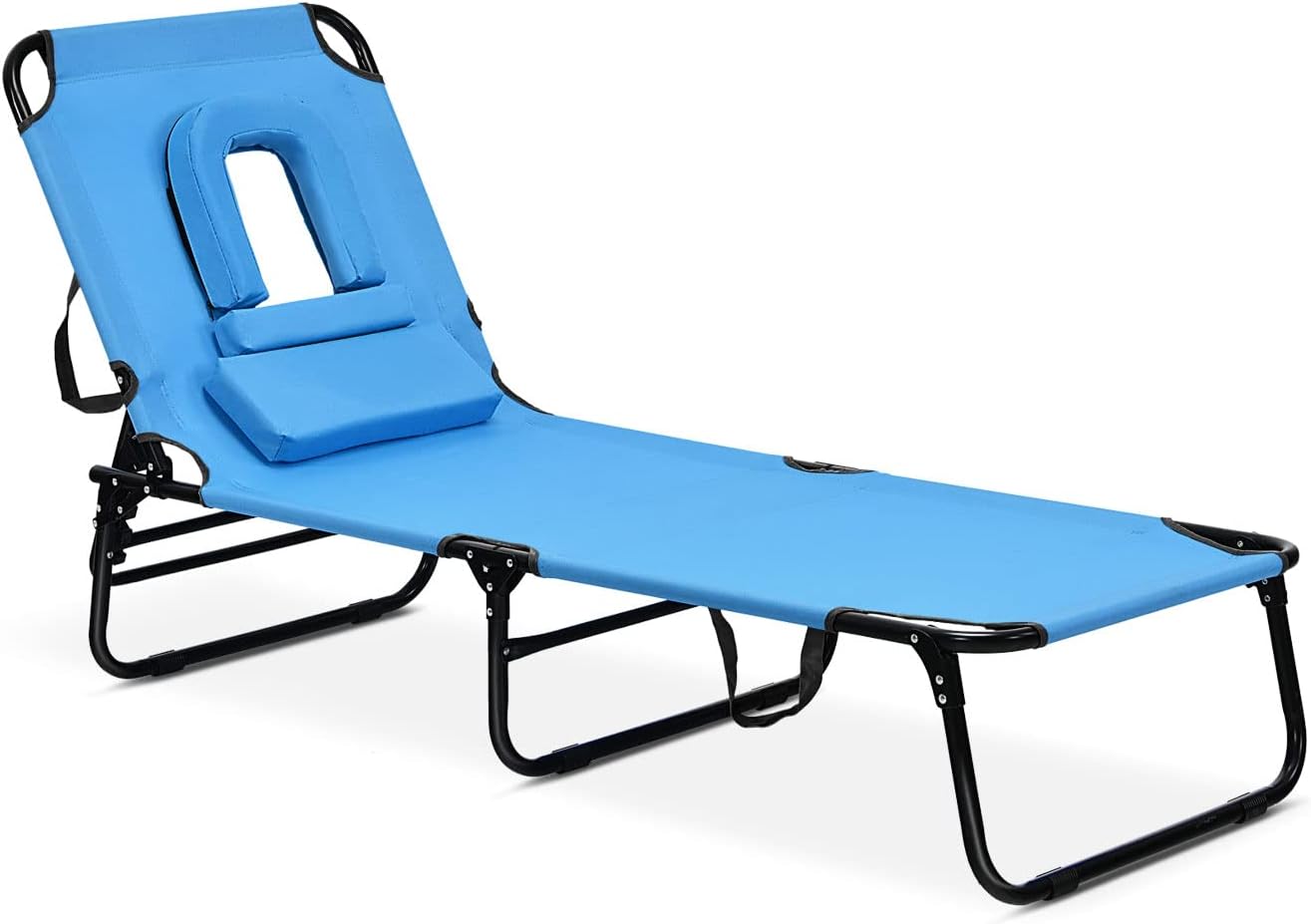 Giantex Chaise Folding Chair Adjustable Beach Patio Lounge Recliner, Blue