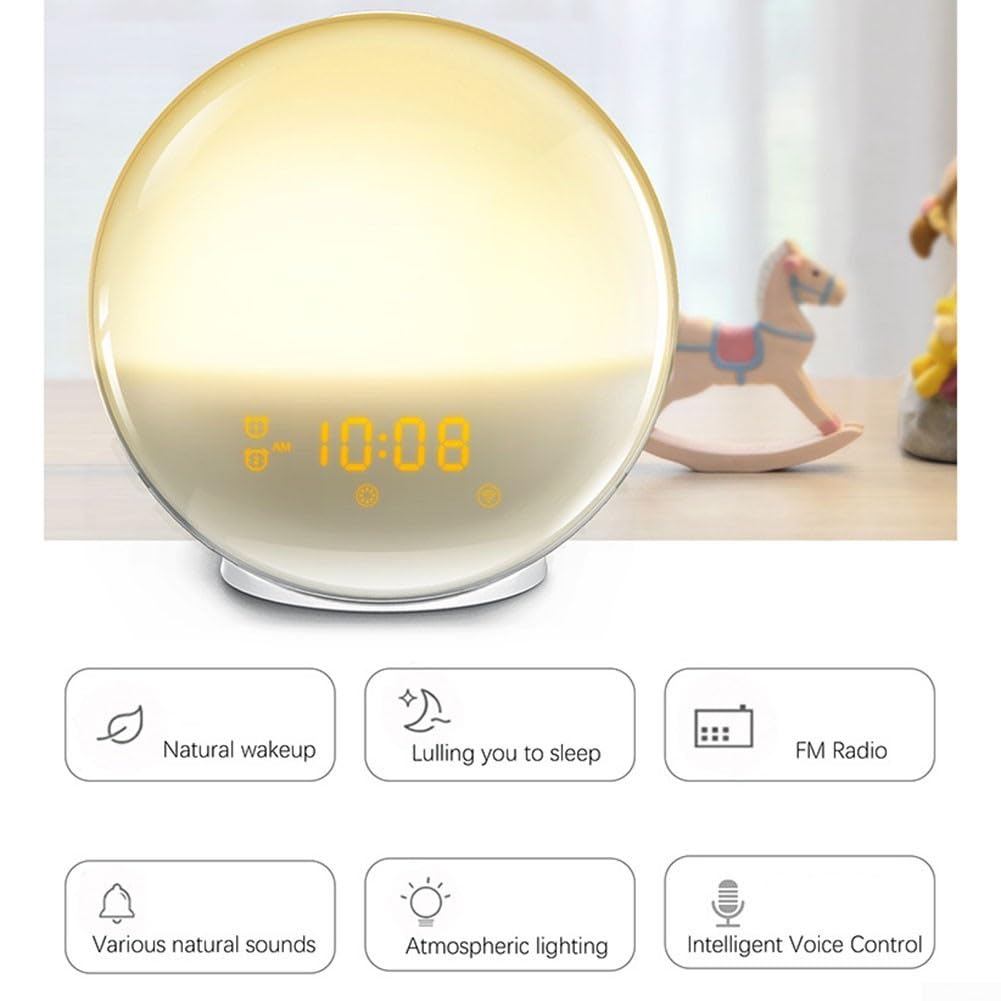 Reloj despertador de amanecer, alarmas duales de simulación, lámpara de noche para mesita de noche, brillante con alarmas duales y radio FM para niños