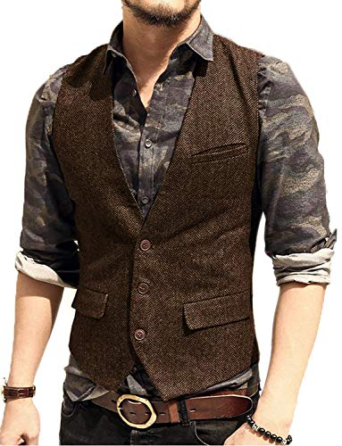 Men's Slim Fit Herringbone Tweed Suits Vest 3 Button Vest Waistcoat