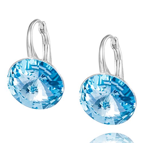 Pendientes para mujer de plata 925 de color azul claro, redondos, paquete de regalo, regalo para mejor amiga, Plata, cristales de Swarovski, Aguamarina