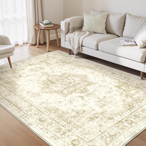 5x7 Area Rugs for Living Room Non Slip Low Pile Soft Vintage Floral Accent Lightweight Washable Carpet Antique Indoor Rug for Office College Dorm Laundry Dining Room Bedroom Beige 5' x 7' (R