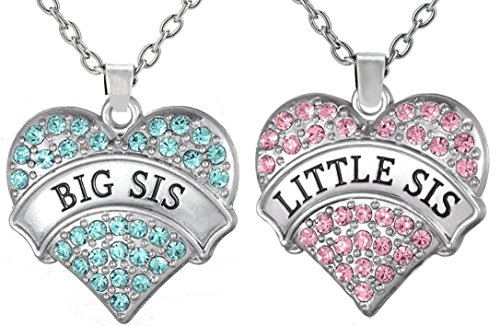 Girls, Teens, Tweens Jewelry Gifts for 2, Big Sis & Lil Sis Heart Necklace Set, Matching Sister Necklaces, Big & Little Sisters Jewelry, Granddaughter Birthday Presents (Big Sis Aqua, Little Sis Pink)