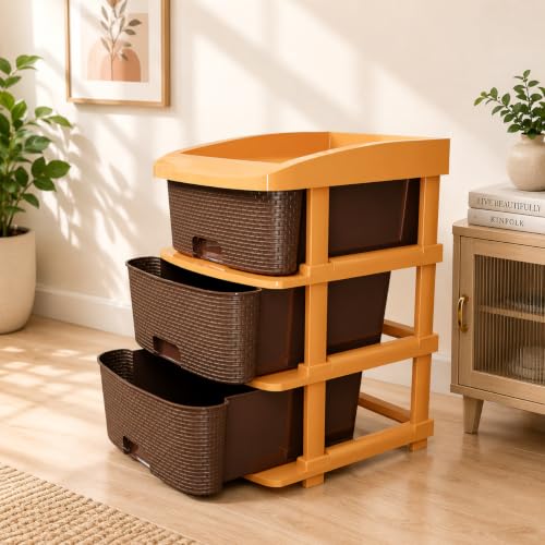 Image of Jefa Plastic Modular Drawer Storage Organizer | Multipurpose Storage Chest with Anti-Slip Design | Large Capacity Drawer Rack for Clothes, Shoes, Office & Home Use (Brown, 3)