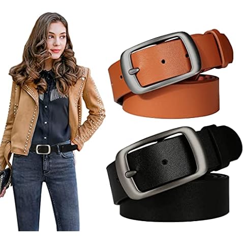 Ssumday 2 Pack Women's Womens Girl Female Ladies Black Brown Waist Leather Belts for Jeans Pants Dress Dresses with Fashion Pin Buckle(RZKBR-L) Cover