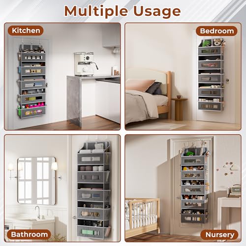 XyVoltic 3 Pack 5 Tier Over The Door Organizer - Large Capacity Behind Door Hanging Shelves with 10 Mesh Pockets and Clear Windows, Closet Organizers and Storage for Bathroom, Bedroom, Nursery, Grey by XyVoltic - Image 7