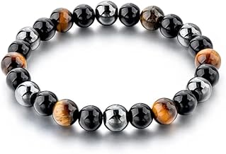 Triple Protection Bracelet, Genuine Tigers Eye Black Obsidian and Hematite 8mm Beads Bracelet for Men Women, Crystal Jewelry Healing Bracelets Bring Luck and Prosperity and Happiness