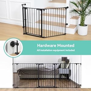   COMOMY-80-Extra-Wide-Baby-Gate-Dog-Gate-for-House-Stairs-Doorways-Fireplace-Auto-Close-Pet-Gate-with-Door-Walk-Through-3-Metal-Panels-Hardware-Mounted-Baby-Fence-Indoor-Outdoor30-Tall-Black