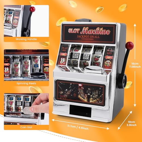 Slot Machine Money Bank for Adults (7.1 * 4.6 * 3.9inch), Lucky Seven Casino Games Toy Piggy Bank with Spinning Reels and White Elephant Gifts-Silver by REFARICO - Image 2