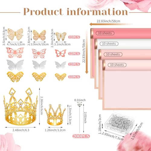 Ceenna 294 Pcs Flower Bouquet Accessories Include 40 Sheet Gold Edge Flower Wrapping Paper 6 Mini Crown 48 3D Butterfly Decor and 200 Bouquet Pin for Mother\'s Day Birthday Bouquet DIY(Bright Color)
