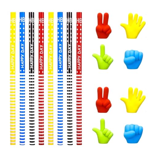 OUDQFCJ Juego de lápices HB con gomas de borrar, 8 lápices con 8 tijeras, papel de piedra, gomas, para oficina, suministros escolares, cumpleaños infantiles (estilo rayas)