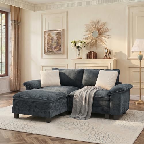 Image of PHI VILLA 87.5 inch Oversized Sectional Loveseat Sofa with 1 Movable Ottoman | Chenille Cyan, Wider Armrest, Comfy Deep Seat, Wood Frame, Modern Cloud Modular Couch for Living Room and Apartment
