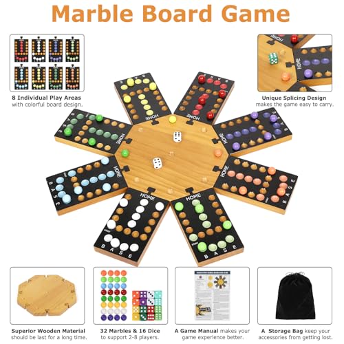 Image of Marble Board Game,Wooden Board Game for 6-8 Players,Portable Design Marble Game with 32 Marbles 16 Dice, Family Game Night Gift for Kids & Adults