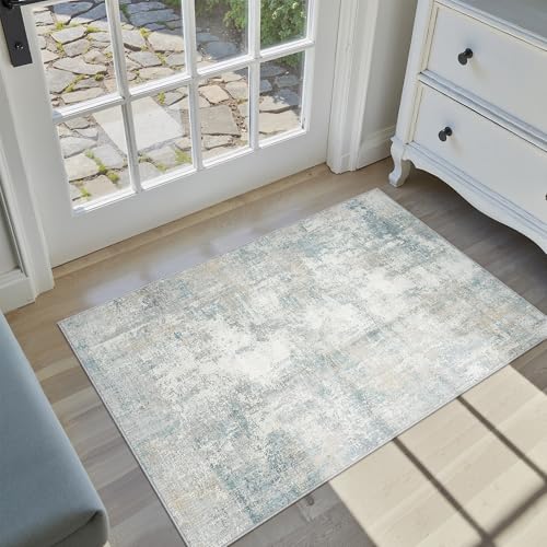 WondRg 2x3 Washable Area Rug Blue Cream Abstract Non Slip Soft Low Pile Small Rug for Entryway Kitchen Bathroom Neutral Modern Throw Carpet for Living Room Bedroom Home Decor