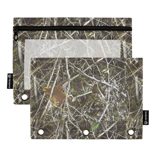 Fisyme Forest Trees Leaves Vintage Pencil Pouch for 3 Ring Binder Pencils Case Bag Zipper Pouch with Clear Window for Office 2 Pack