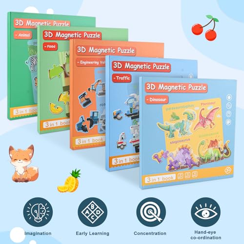 Image of ASTARON Magnetic Puzzles 60 Pieces Dinosaur Kids Educational Travel Toys | Folding puzzle, includes 3 bubble stickers, puzzle pieces with words, learn while playing, easy to store, educational toy