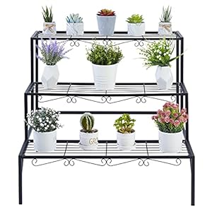 3-laags plantenstandaard, metalen plantendisplaystandaard, kan meerdere planten in de ladder pot ingebouwde plank (zwart…