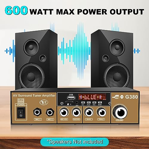 Stereo Audio Amplifier Receiver, 600Wx2 Home Dual Channel Bluetooth 5.0 Sound Speaker AMP, Home Amplifiers FM Radio, USB, SD Card, with Remote Control Home Theater Audio Stereo System Components