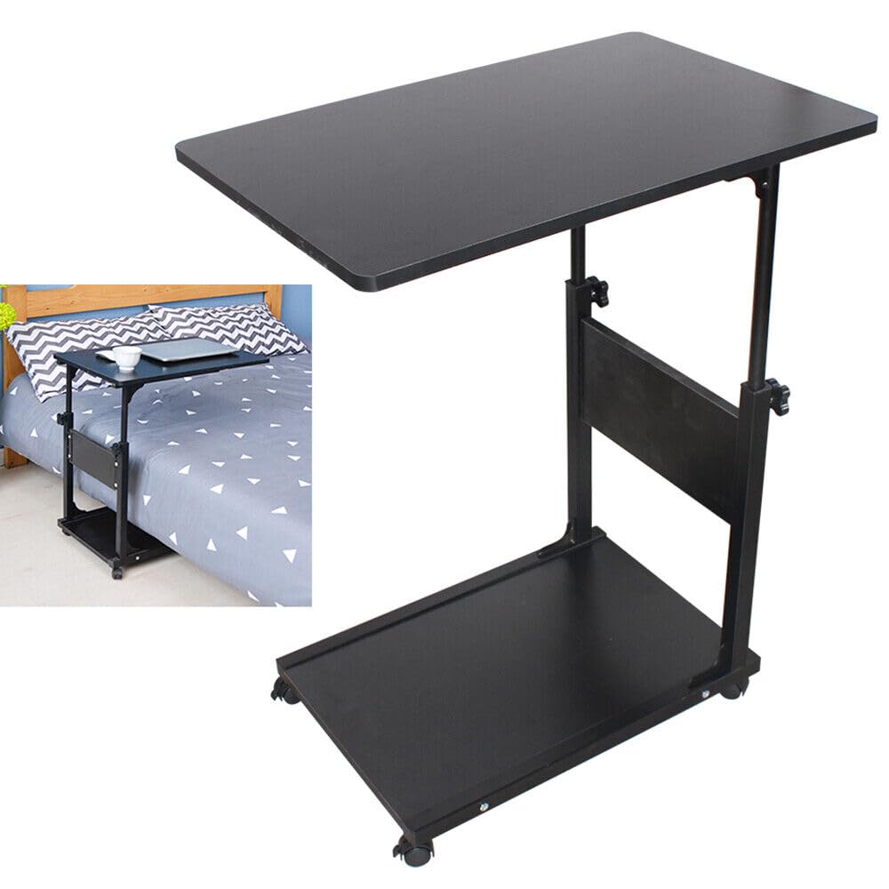 Tavolino da divano, da letto, in metallo e legno con ruote, 50 x 35 x 80 cm regolabile in altezza (55-80 cm) (nero)