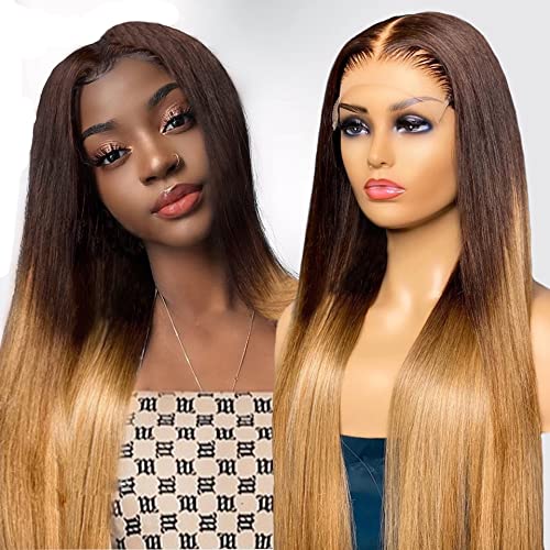 Perruque Bresilienne Ombre Wig Lace Front Cheveux Closure Frontale 1b427 4x4 Cheveux Raides 3 Tons Pas De Colle Noir Brown Honey Peruque Clair Vrai Dentelle Human Hair Femmes 26 Pouce Cover