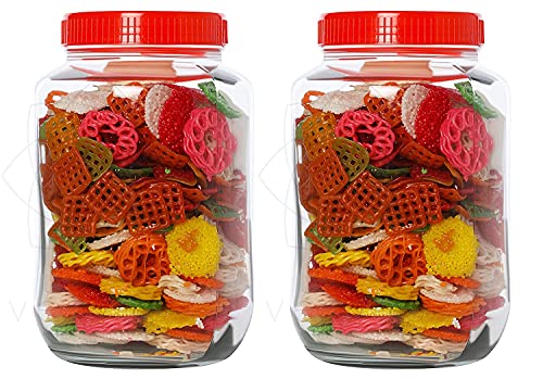 Image of PRAMUKH FASHION Glass Jars and Containers 2000 Ml Barni Kitchen Masala Grocery Storage Glass Jar and Container Air Tight Red Lid Pack of (2)
