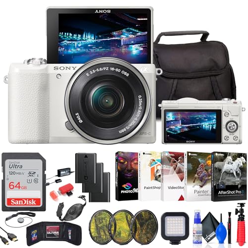 Sony Alpha a5100 Mirrorless Digital Camera with 16-50mm Lens (White) + Filter Kit + 64GB Card + 2 x NPF-W50 Battery + Card Reader + LED Light + Photo Software + Cables + Case + More