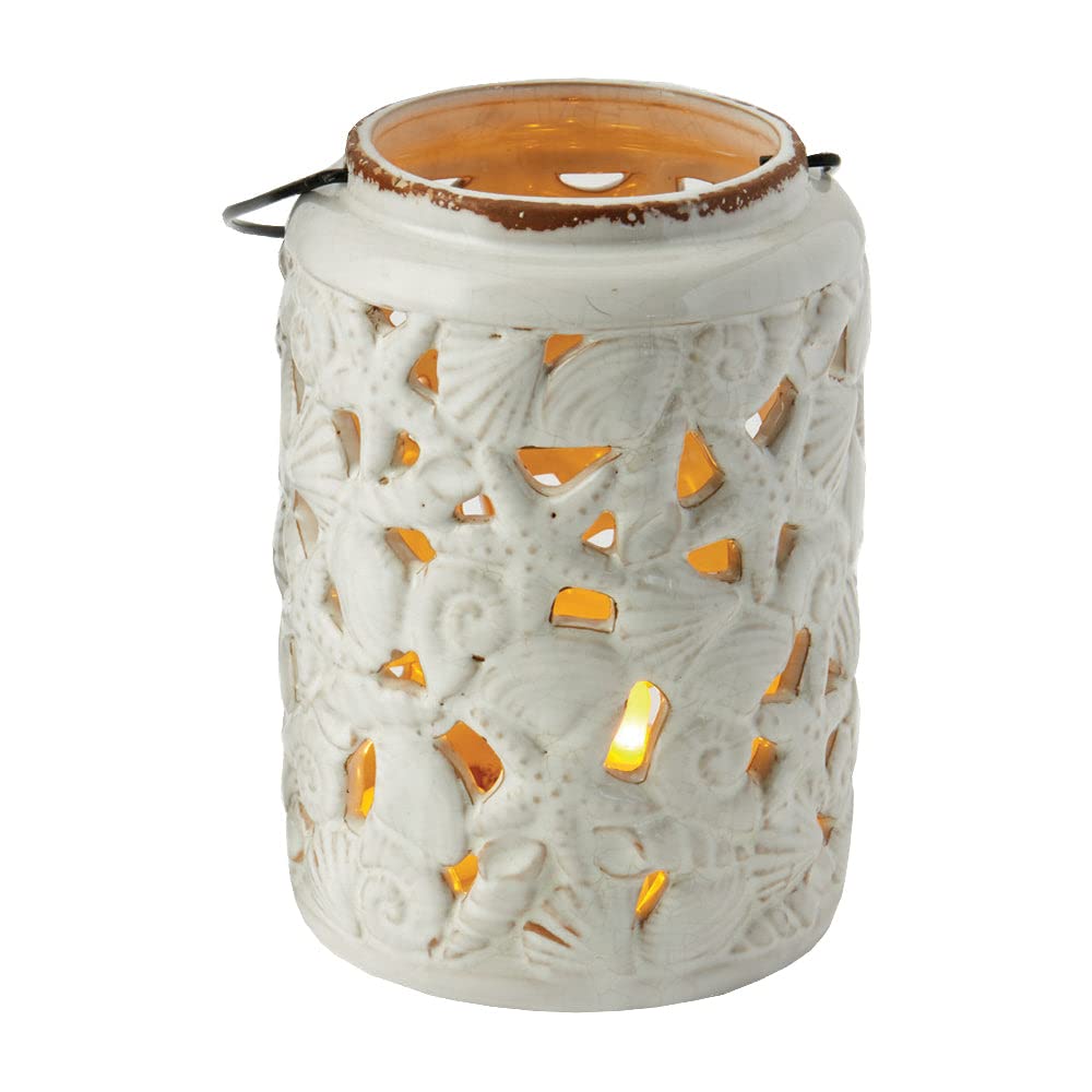 Design Imports Sea Shell Distressed White 8 x 6 Inch Stoneware Outdoor Tabletop Lantern