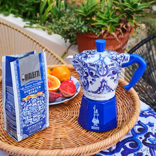 Image of Bialetti Original Dolce & Gabbana Blue Mediterraneo Design Moka Pot, Italian Stovetop Espresso Maker, Premium Coffee Maker, Made in Italy for Authentic Espresso Coffee Since 1933 (3 Cup)