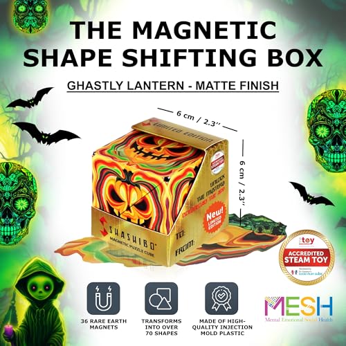 Image of Shashibo Seasonal Halloween - Shape Shifting Box - Award-Winning, Patented Magnetic Puzzle Cube w / 36 Rare Earth Magnets - Fidget Transforms Into Over 100+ Shapes (Ghastly Jack)