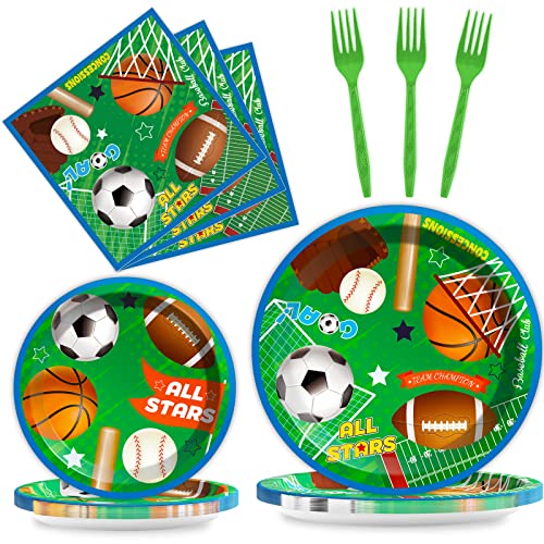 Image of Sports Party Plates Napkins Superstar Party Tableware All Star Birthday Baseball Football Soccer Basketball Disposable Paper Plates Napkins for Boy Birthday Decoration Supplies Favors 24 Guests