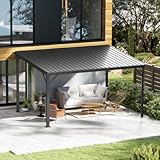 Domi 10'x14' Hardtop Wall Mounted Gazebo, Expandable Lean to Gazebo Pergola with Gutters & Galvanized Steel Roof, 60MPH Wind Resistance Outdoor Heavy Duty Canopy Sun Shade for Patio, Backyard - Grey