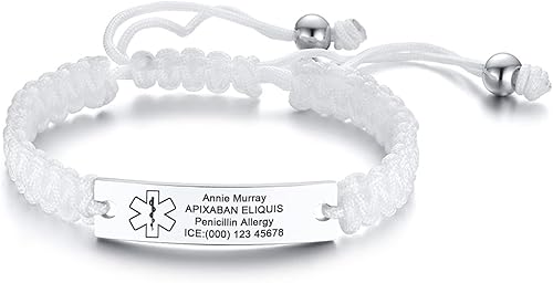 Miniatura 16 de MEALGUET Pulsera de identificación médica para hombres y mujeres, grabado gratuito, hecha a mano, cuerda trenzada ajustable, pulsera