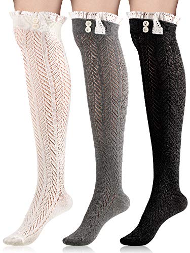 Geyoga 3 Pairs Long Boot Socks with Lace Trim Button Knit Boot Socks over Knee Thigh High Stockings for Women