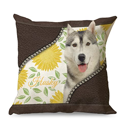 Gamoii Husky - Funda de cojín con diseño de girasoles, animales, perros, fundas de cojín decorativas de lino, con cremallera, 45 x 45 cm, multicolor Cover