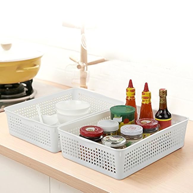Plastic Storage Trays Baskets/Organizing Baskets, 13.2 Inches x 9.6 Inches x 3.6 Inches, Set of 6 (White)
