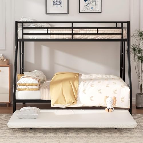 Shintenchi Twin Over Full Size Bunk Bed with Trundle, Heavy-Duty Metal Frame, 2 Ladders &...