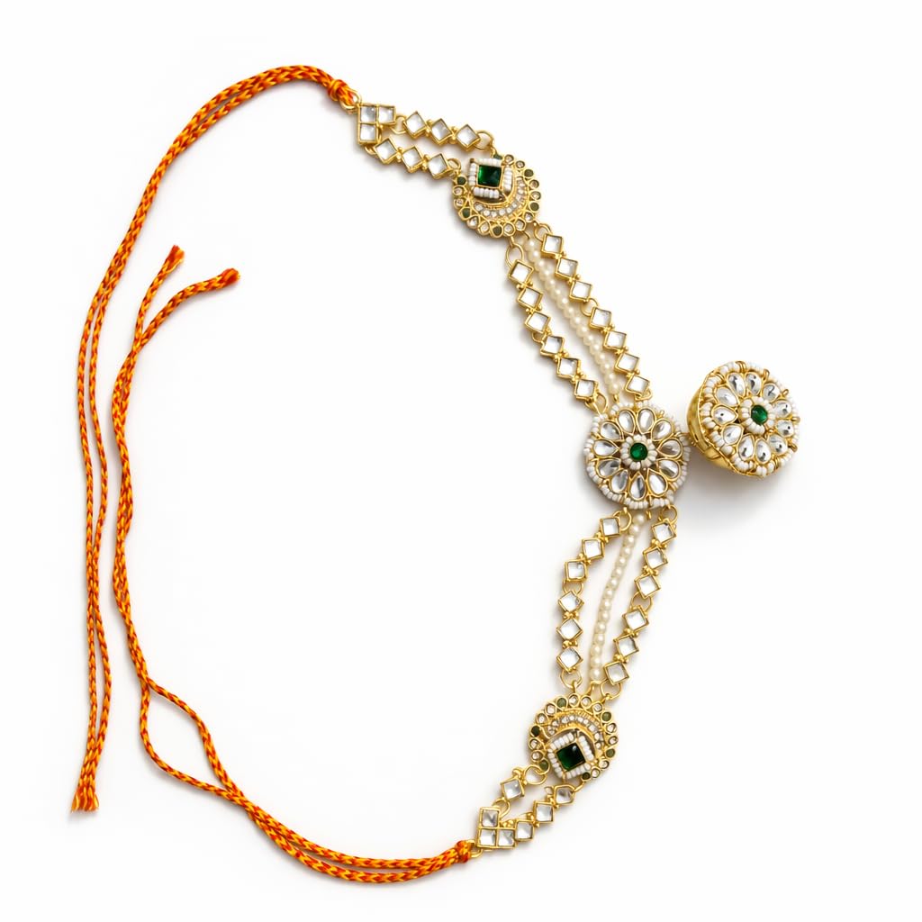 Rajasthani Mathapati, Traditional Indian Bridal Headpiece, Gold Tone with Green Stones and Pearl Accents, Orange Dori-image-3