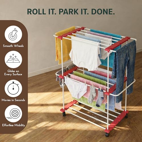 Image of TNT THE NEXT TREND Trixy 2 Layer Carbon Steel Indoor & Outdoor Clothes Drying Stand with U-Bar, Wheels, 33.4 ft Drying Space, (L96 x B45.3 x H119.5 cm), 5 Year Rust Proof Warranty, Cherry