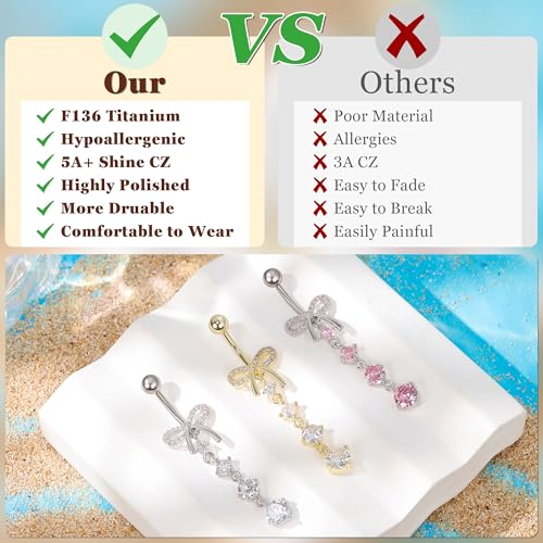 REVOLIA 14G F136 Titanium Dangle Belly Button Ring for Women Dangling Navel Ring Hypoallergenic Belly Ring Externally Threaded Barbell CZ Bow Navel Piercing Silver by REVOLIA - Used condition - Image 5