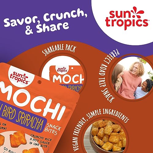 Sun Tropics Mochi Snack Bites, Thai Bird Sriracha Flavor- 3.5 oz (6 Pack)| Crispy Spicy Mochi Bites, Rice Nuggets | Mochi Puff Rice Crackers- Gluten Free & Dairy Free- No MSG Added | Asian Rice Snacks