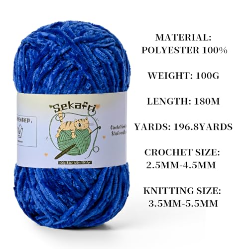 Image of 3 Pack of 300g (590yds) Fuzzy Chenille Yarn for Crocheting,Fluffy Amigurumi Crochet Yarn for DIY Craft /Hat /Clothes, Soft Velvet Baby Blanket Yarns（3 Royal Blue）