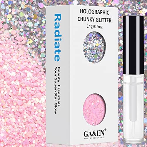 7g Silver+7g Pink Holographic Chunky Cosmetic Glitter Body Hair Face Eye Nail for Festival Carnival Party Beauty Rave Accessories Different Sizes&Shapes ✮14g + Quick Dry Primer Glue Gel(5ml)