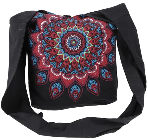 Sac à bandoulière avec mandala brodé en relief sur textile de coton noir et turquoise