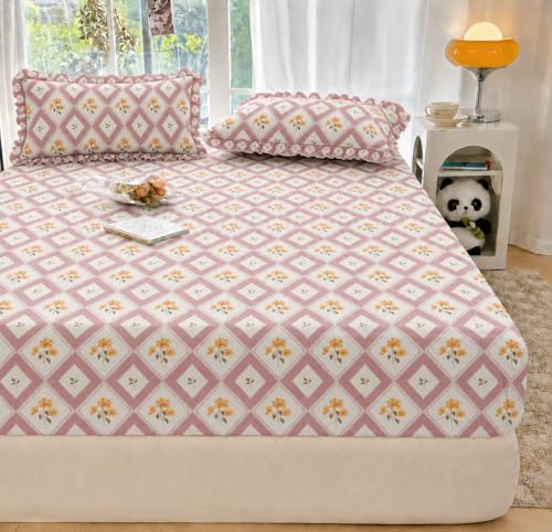 Image of VOMZER Queen Size (60x78) 300 TC Soft Cotton Feel Microfiber All Around Elastic Fitted Double Bedsheet with 2 Frill Pillow Covers | Pink Blossom Check