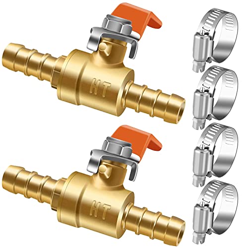 38 inch brass mini shut off ball barb valve for water fuel hose gas line rv air tubing straight inlet manifold petcock 2pcs with clamps kit