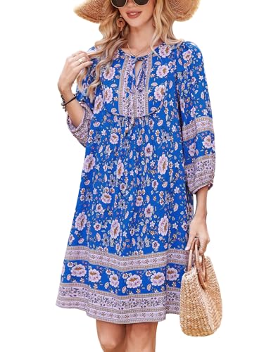 Image of Bluetime Women Casual Summer Dress Boho V Neck 3 /4 Sleeve Babydoll Floral Print Flowy Beach Dress