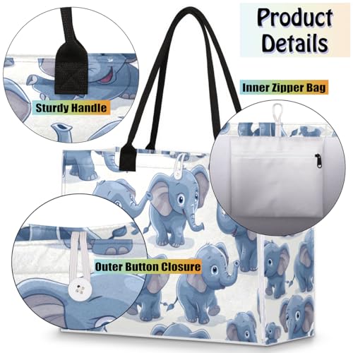 Happy Blue Elephants Tote Bag for Women Large Beach Bag Reusable Tote Bags for Work Travel Beach Shopping4